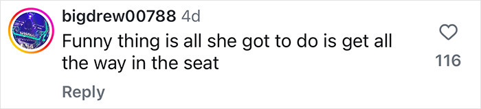 Comment about plus-size influencer wanting larger McLaren seat; humorous tone with 116 likes.