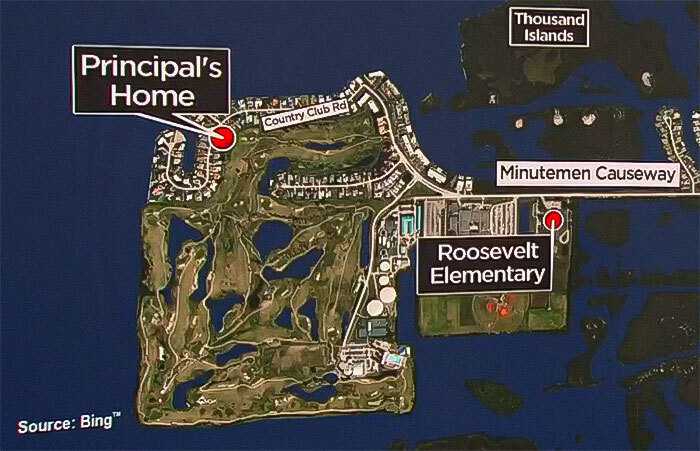 Map showing principal's home and Roosevelt Elementary location in a drinking incident involving over 100 kids.