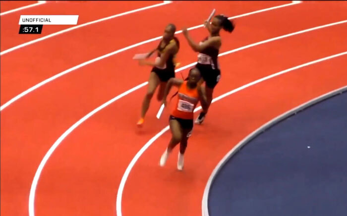 Athlete on track involved in viral baton incident during relay race.