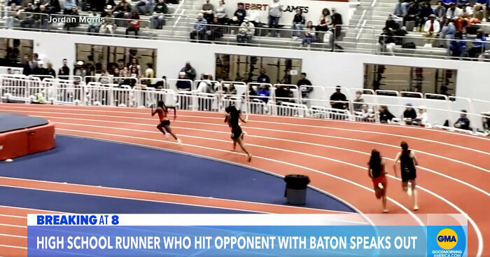 High school runner allegedly hits opponent with baton during indoor track event.