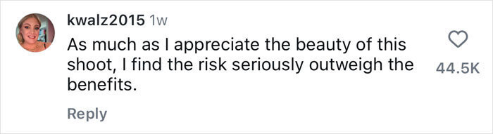 Comment on ballerina's Antarctic dance, questioning risk versus beauty, with 44.5K likes.
