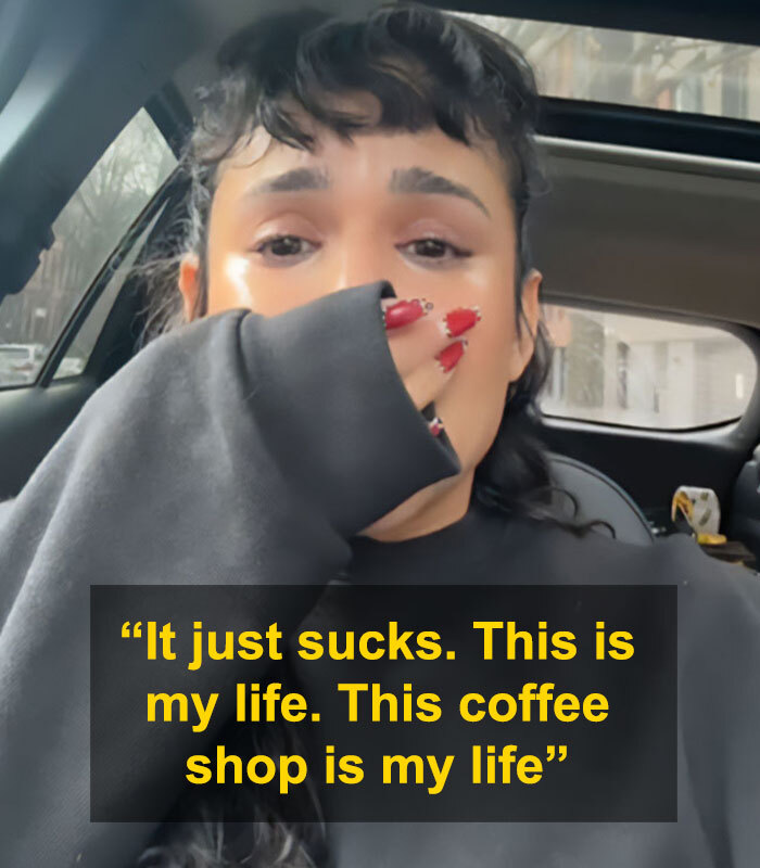 A person in a car, visibly emotional, with a quote, highlighting NYC cafe owner's viral TikTok story.