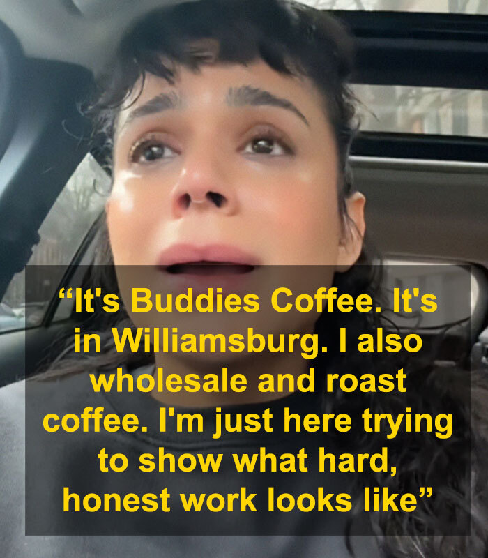 Close-up of a woman with text overlay about Buddies Coffee in Williamsburg.