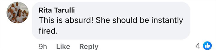 Comment by Rita Tarulli expressing outrage over principal's arrest, calling it "absurd" and demanding she be fired.