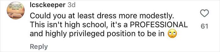 Instagram comment criticizing a correspondent's outfits for being unprofessional with a rolling eyes emoji.