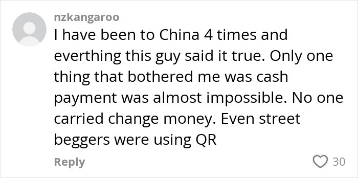 "Comment about China visit discussing cashless payments, related to Chinese-Canadian's perspective on China.