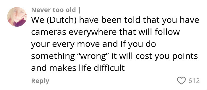 "Comment about surveillance concerns in China, discussing societal impacts and control.