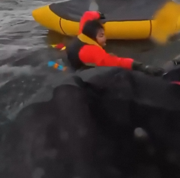 Son in a red life jacket near a yellow kayak, in a surreal whale encounter on the water.