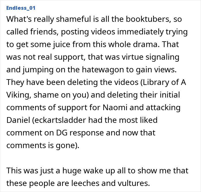 Text discussing the BookTube community, addressing issues of support and content deletion.