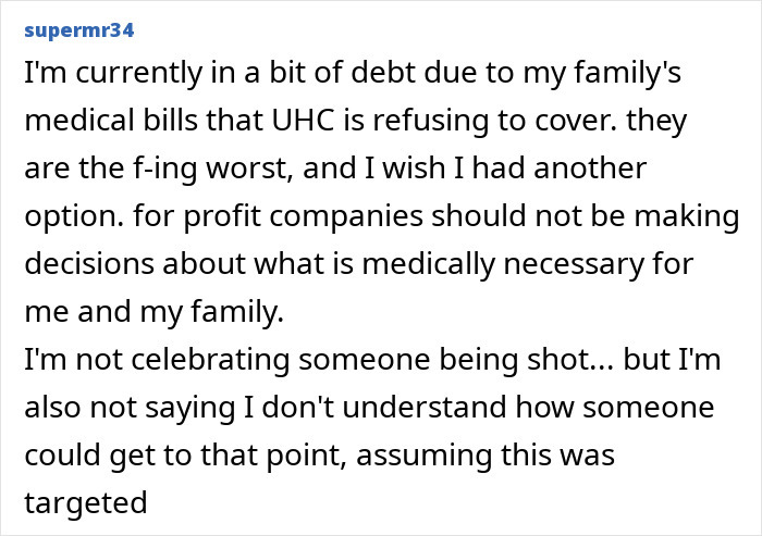 Image of a text post expressing frustration over medical debt and insurance decisions, referencing a homicide.