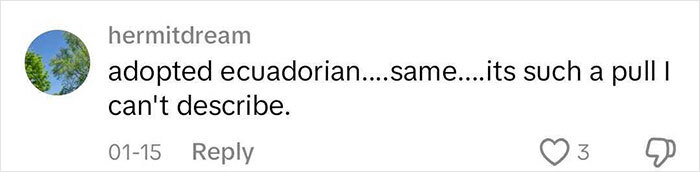 Comment about being an adopted Ecuadorian, expressing indescribable emotions.