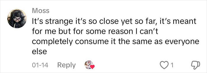 Comment discussing adoption emotions and feelings of disconnect.