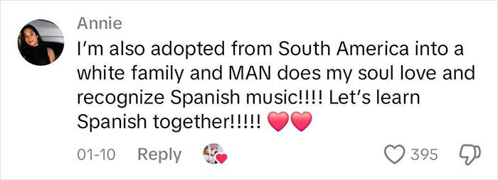 Comment discussing adoption, cultural identity, and love for Spanish music, with reactions and heart emojis.