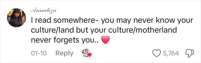 Social media comment on learning about cultural roots, expressing emotional connection and discovery with heart emoji.