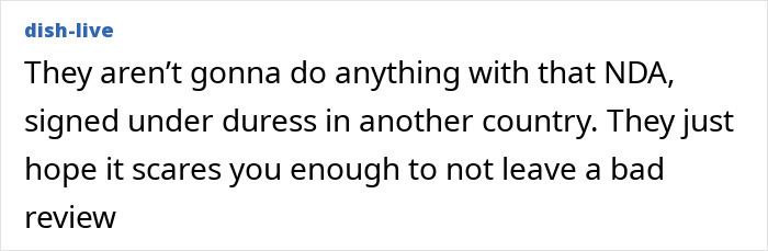 Comment questioning NDA's validity, mentioning duress and bad reviews, related to a family held hostage in Cancun resort.