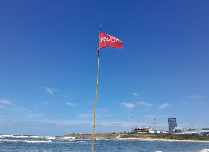 Red warning flag on a beach, indicating caution for lifeguards and swimmers in a coastal setting.