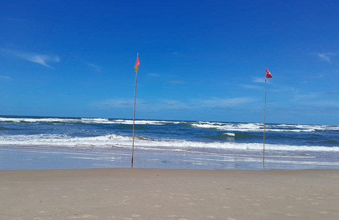 Beach with lifeguard flags waving, highlighting lifeguard duty on a sunny day.