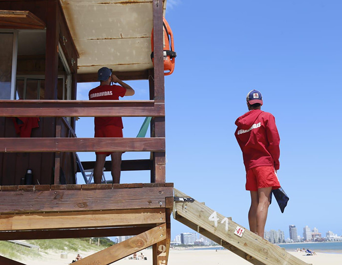 Lifeguards on duty at the beach, one observing the ocean, prepared for any emergencies.