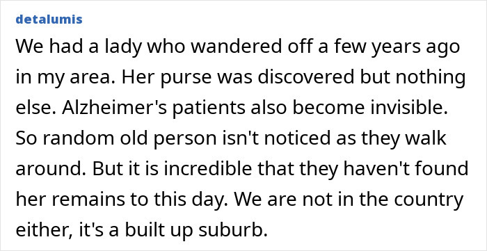 Text about a woman vanishing, mentioning Alzheimer's, discovered purse, and search challenges in a suburban area.