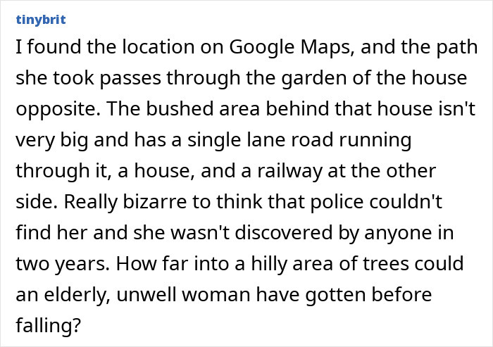 Text describing the use of Google Maps in a missing woman case, discussing paths and difficulty in location finding.