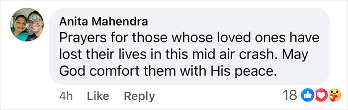 A Facebook comment expressing condolences for victims of a devastating plane crash with support reactions.