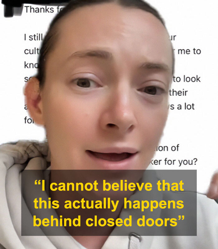 Woman reacting to a relationship question in a job interview, expressing disbelief over professional red flags.