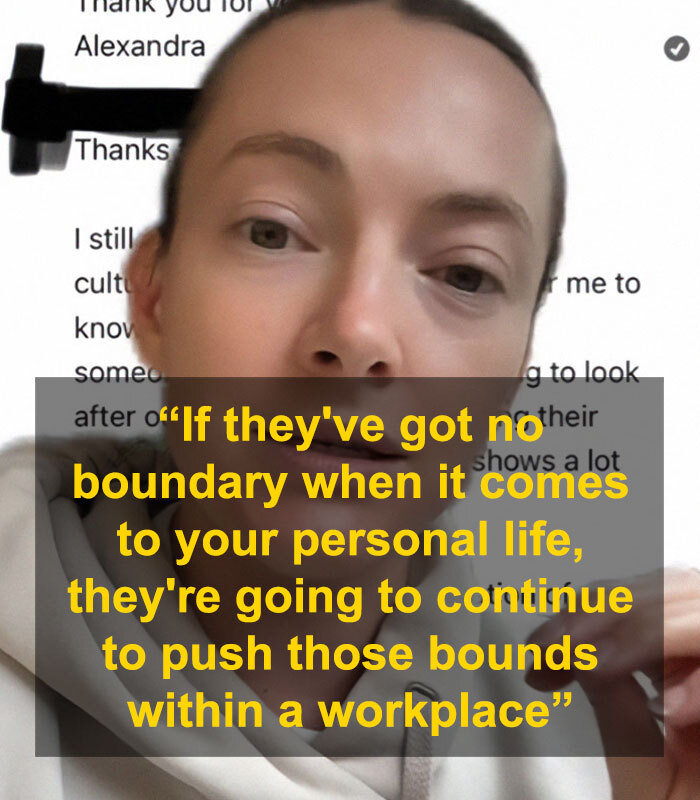 Woman discussing red flags in job interviews, with text about boundaries in personal and work life.