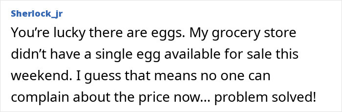 Text image joking about record-high egg prices in the US and empty store shelves.