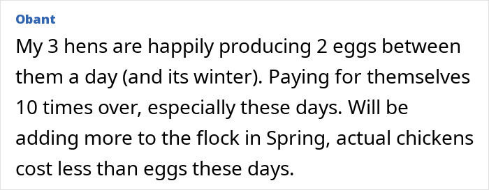 Text screenshot about egg prices; hens produce eggs more cheaply than buying.