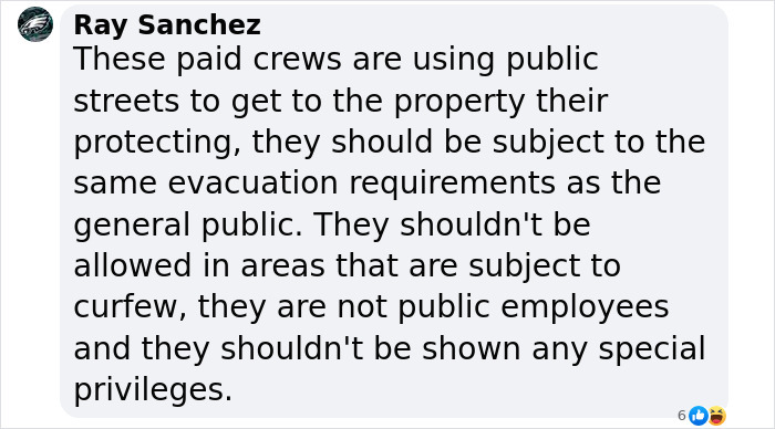 Text discussing private firefighters protecting homes from wildfires, expressing concerns about privileges.