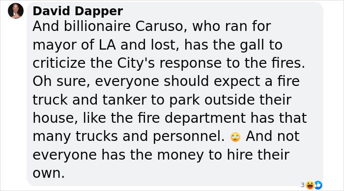 Text exchange discussing LA's response to wildfires, highlighting private firefighters and economic disparities.