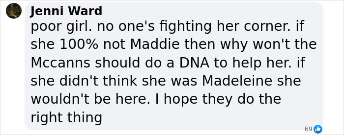 Comment discussing Polish woman claiming to be Madeleine McCann and DNA test suggestion.