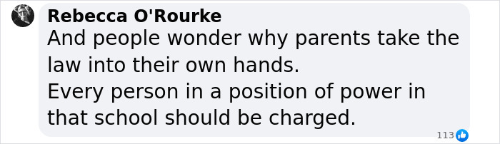 Facebook comment discussing bullying and responsibility of school authorities.