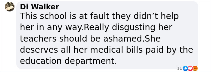 A comment criticizing a school for not helping a bullied girl, mentioning medical bills and teacher accountability.