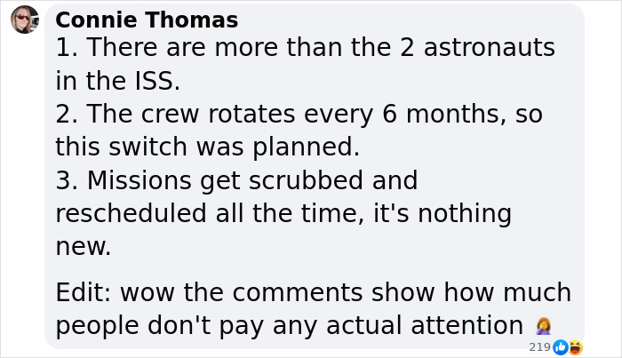 Text comment reacting to the SpaceX delay of an astronaut rescue mission.