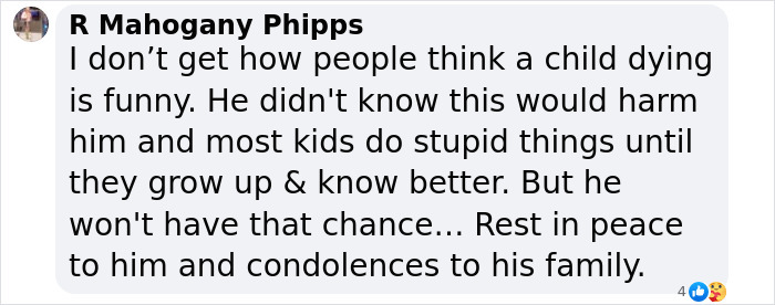 Comment offering condolences related to a 14YO involved in an online challenge incident.