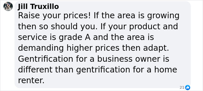 Text comment about business adaptation amidst gentrification at NYC cafe.