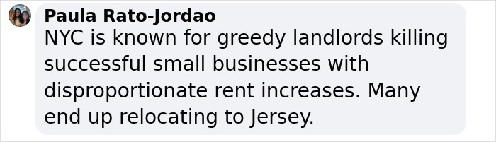 Comment on NYC landlords affecting small businesses, mentioning relocation to Jersey.