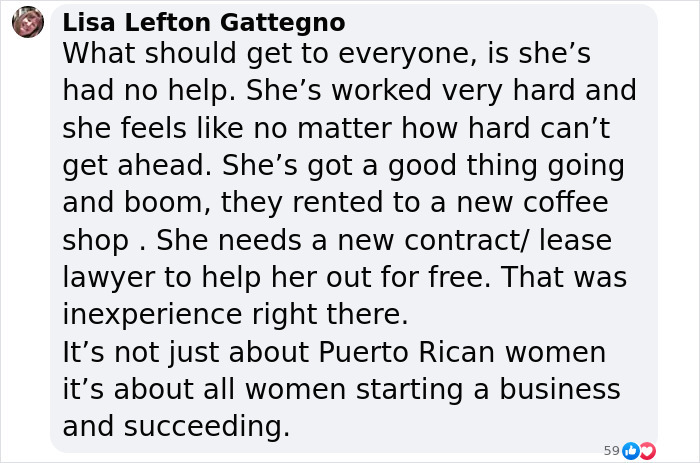 Comment discussing NYC cafe owner's challenges and support for women in business.