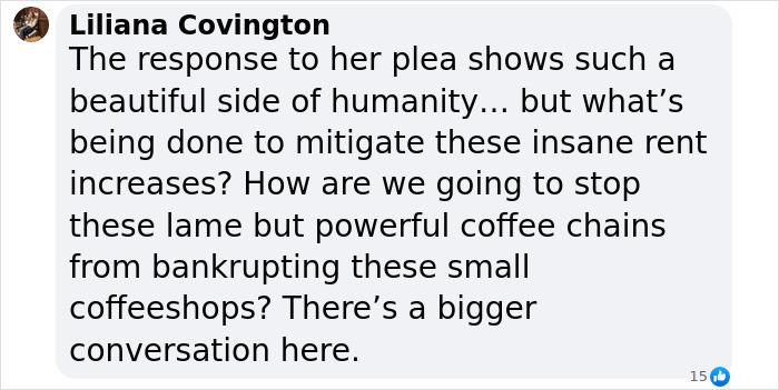 Comment about NYC cafe rent increases and coffee chain impact shared on social media.