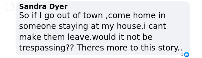 Text exchange on squatter issue discussed by Sandra Dyer with concerns about trespassing laws.