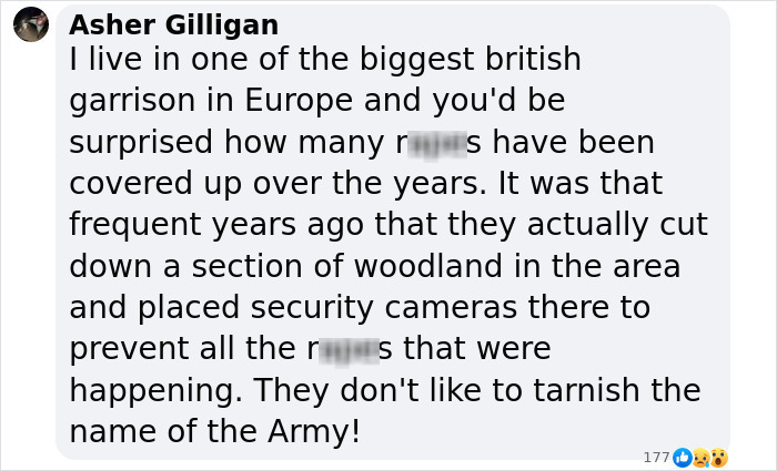 Comment by Asher Gilligan discussing issues at a British garrison, mentioning army cover-ups and security measures.