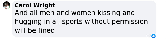 Social media comment discussing consequences for non-consensual kissing in sports.