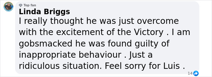 Comment on Luis Rubiales' fine for non-consensual kiss, expressing surprise and sympathy for Rubiales.