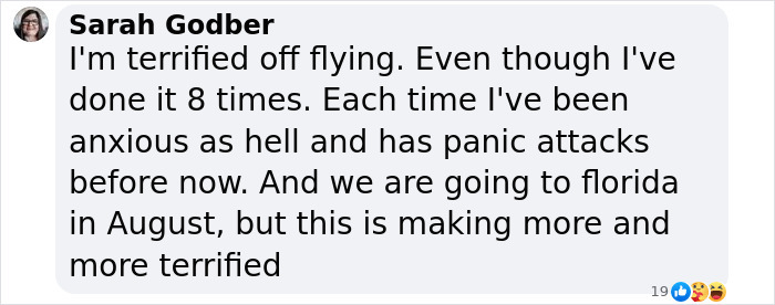 Text message expressing fear of flying after latest aviation disaster.