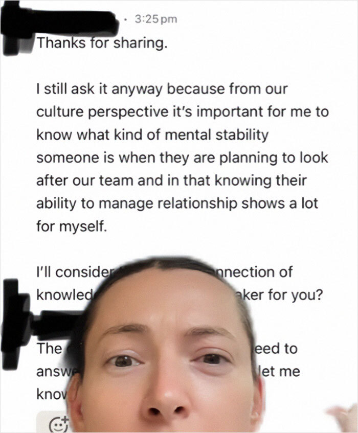 Woman&rsquo;s surprised expression overlaid on CEO&rsquo;s text about relationship questions in interviews.