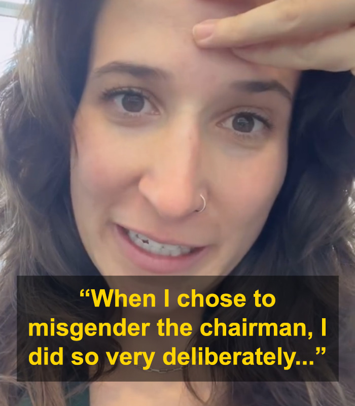 Britt Boril expressing views on misgendering senator, text overlay explains her deliberate action.