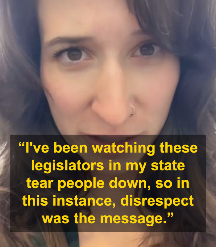 Britt Boril close-up with text about disrespecting state legislators.