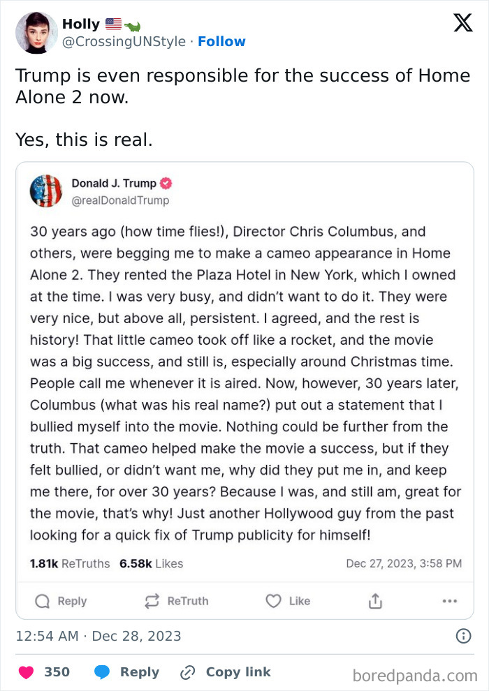 Tweet about Home Alone 2 director wanting to cut Trump's cameo, includes a response from Trump.