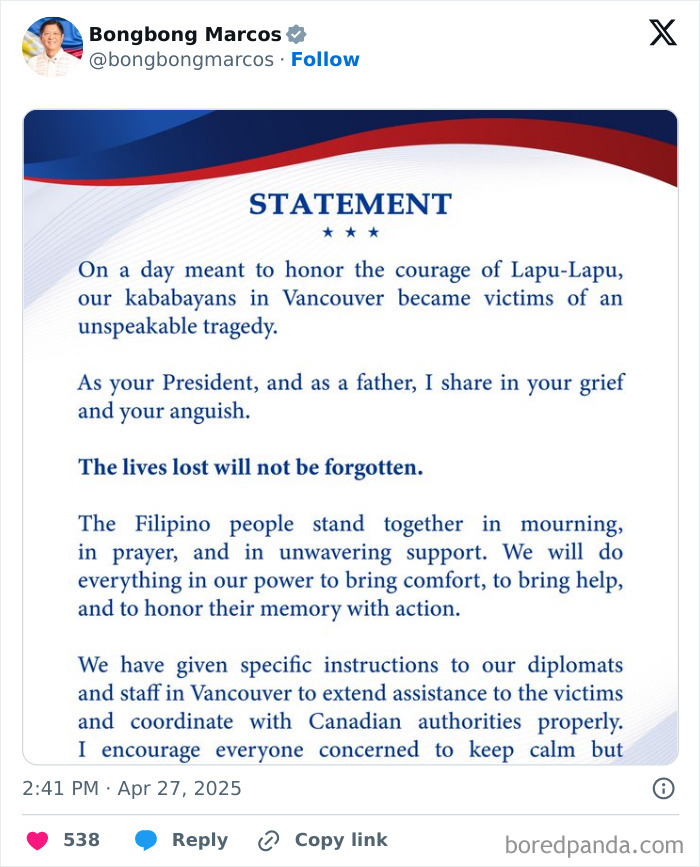 Statement from President following the Vancouver festival attack, extending support and condolences to victims' families.